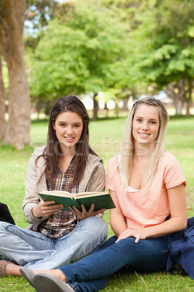 Portret vrouwelijke tieners vergadering leerboek park Stockfoto © wavebreak_media