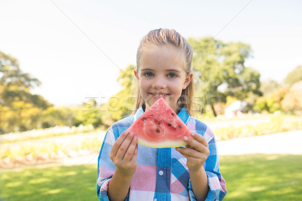 Foto d'archivio: Sorridere · ragazza · anguria · fetta · parco