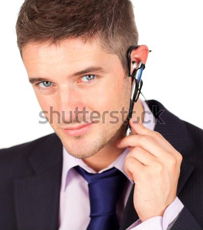 üzletember bluetooth barátságos izolált fehér telefon Stock fotó © wavebreak_media