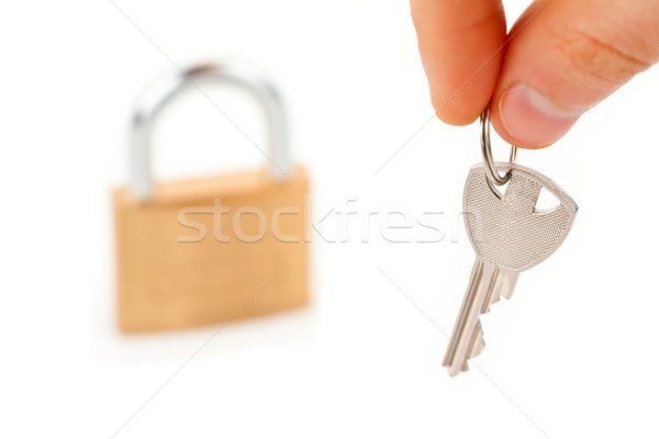 Stock foto: Vorhängeschloss · stehen · Hand · halten · Schlüssel · weiß