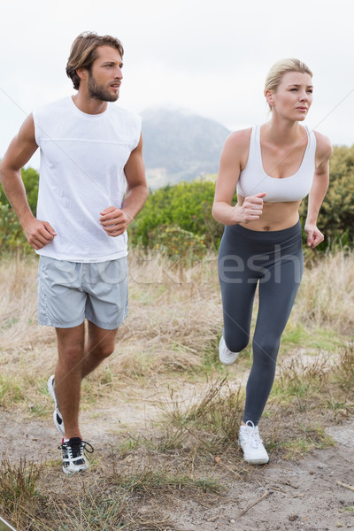 Stock fotó: Vonzó · pár · jogging · hegy · nyom · napos · idő