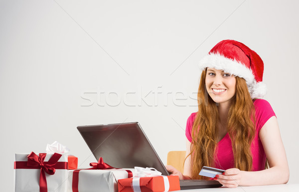 Stock fotó: ünnepi · vörös · hajú · nő · vásárlás · online · laptop · fehér