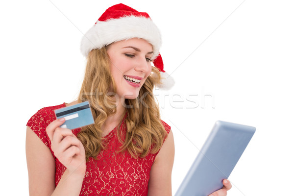Foto stock: Mujer · rubia · tarjeta · de · crédito · blanco · tecnología