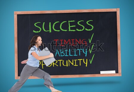 Businesswoman looking through binoculars while standing on ladder against sucess concept on blackboa Stock photo © wavebreak_media