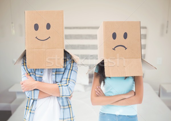 Foto stock: Casal · caixa · triste · feliz · quarto · composição · digital