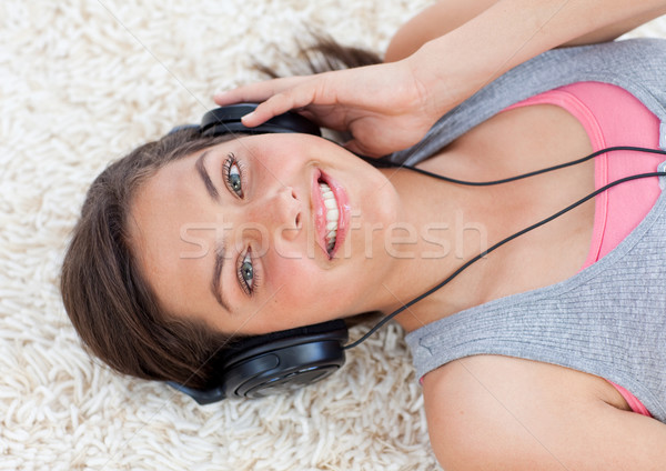 Foto stock: Belo · menina · adolescente · ouvir · música · piso · estudante · educação
