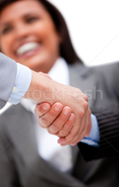 Smiling businesswoman looking at her partners shaking hands. Business concept. Stock photo © wavebreak_media
