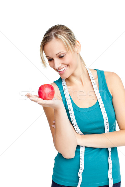 Foto stock: Mujer · manzana · roja · alimentos · frutas · salud