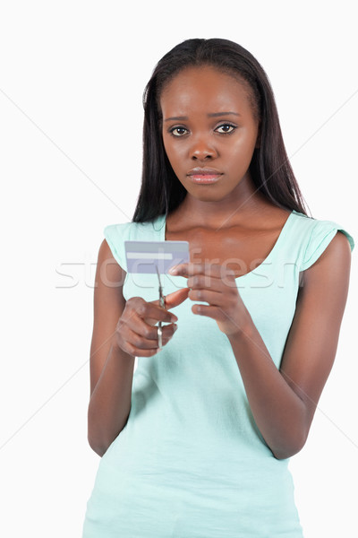 Szomorú női vág hitelkártya darabok fehér Stock fotó © wavebreak_media