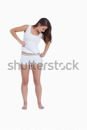 Foto stock: Sorrindo · olhando · cintura · branco · corpo · fitness
