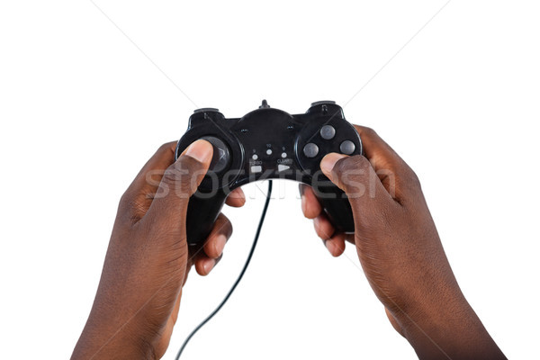 Foto stock: Mano · hombre · jugando · videojuegos · blanco · primer · plano