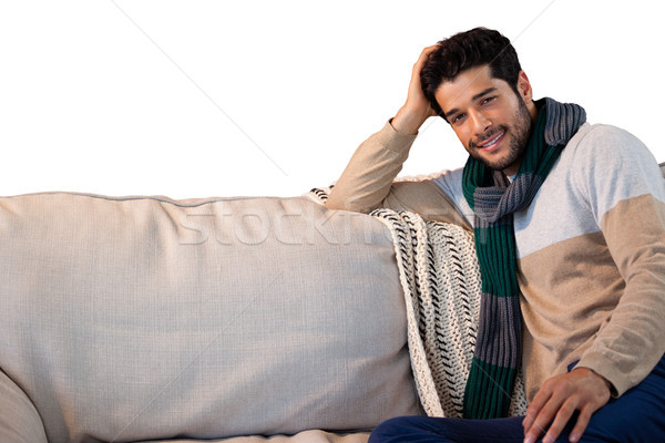 Foto stock: Retrato · sonriendo · hombre · relajante · sofá · blanco