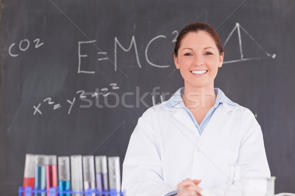 Cute scientist standing in front of a blackboard looking at the camera Stock photo © wavebreak_media
