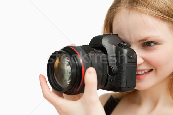 Wesoły kobieta strzelanie kamery biały ręce Zdjęcia stock © wavebreak_media
