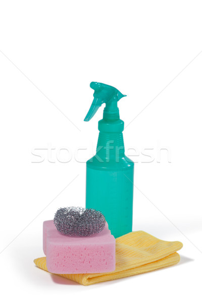 Detergent spray bottle, scrubber, sponge pad and napkin cloth on white background Stock photo © wavebreak_media