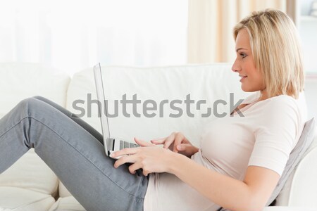 Mujer compra línea sofá salón ordenador Foto stock © wavebreak_media