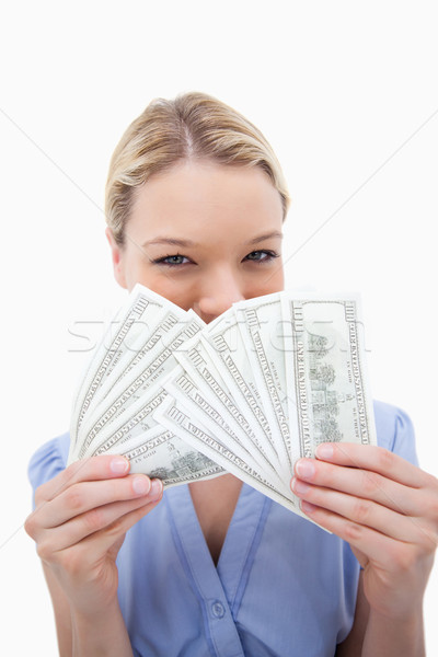 Frau versteckt hinter Bank stellt fest weiß Stock foto © wavebreak_media