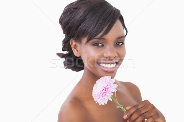 Woman holding pink coloured flower while smiling  Stock photo © wavebreak_media
