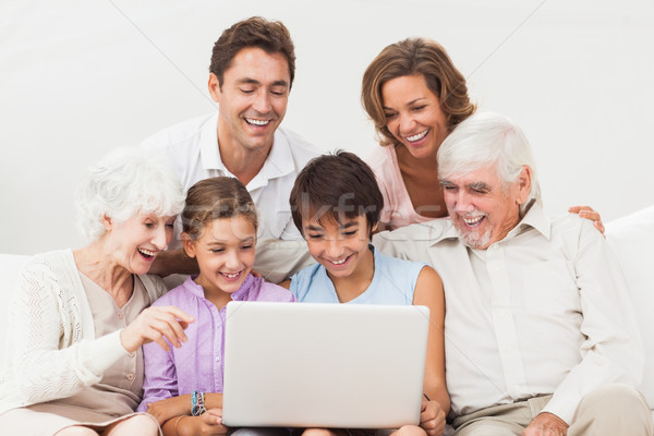 Foto d'archivio: Famiglia · allargata · guardando · laptop · tutti · divano · computer