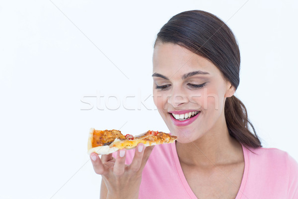 Stockfoto: Mooie · vrouw · eten · pizza · witte · gezondheid · vet