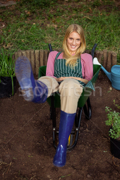 Porträt glücklich Gärtner Sitzung Schubkarre Garten Stock foto © wavebreak_media