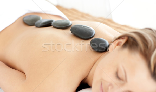 Stock foto: Entspannt · Frau · heißen · Steine · zurück · spa