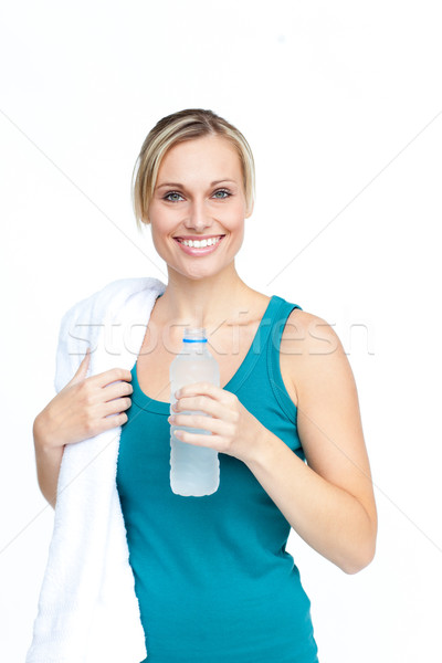 Foto d'archivio: Sorridere · bottiglia · acqua · asciugamano · faccia