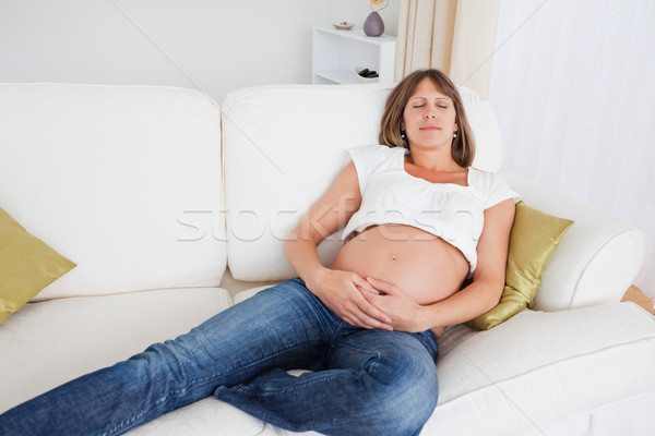 Piękna kobieta w ciąży stwarzające sofa apartamentu kobieta Zdjęcia stock © wavebreak_media