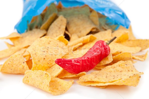 Open bag of crisps with a red pimento against white background Stock photo © wavebreak_media