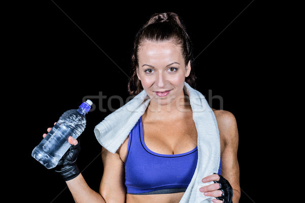 Stock foto: Porträt · ziemlich · lächelnde · Frau · Wasserflasche · schwarz · Frau