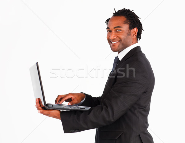 Stockfoto: Zakenman · werken · laptop · glimlachend · camera