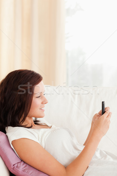 Lovely woman texting with mobile phone in her livingroom Stock photo © wavebreak_media