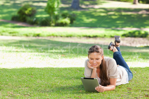 Foto stock: Mulher · gramado · mulher · jovem · primavera