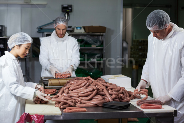 Foto stock: Salsichas · carne · fábrica · homem · indústria · trabalhando