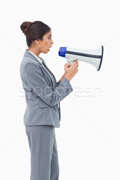 Zijaanzicht zakenvrouw megafoon witte business schreeuw Stockfoto © wavebreak_media
