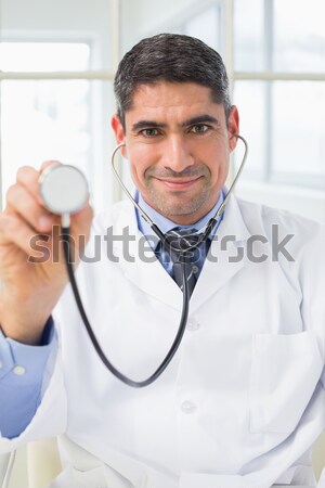 Foto stock: Sorridente · médico · pressão · arterial · paciente
