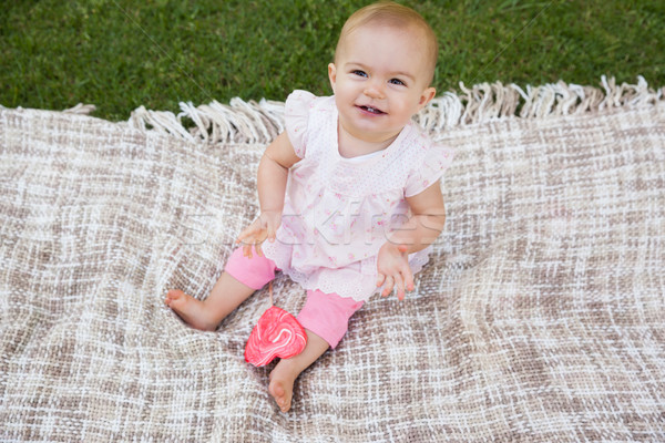 Cute baby with heart shaped lollipop sitting on blanket at park Stock photo © wavebreak_media