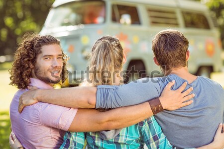 Stockfoto: Hipsters · vergadering · gras · vrouw · auto · boom