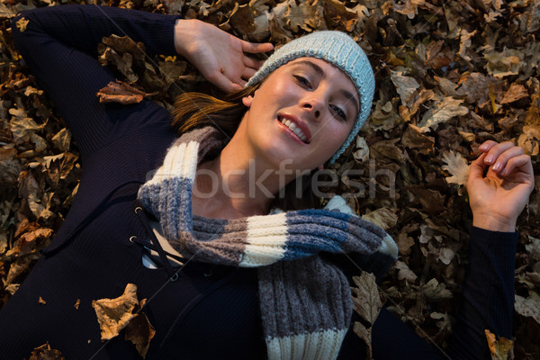 Stock photo: Overhead view of young woman lying on dry leaves at park
