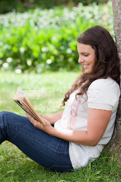 Young smiling girl reading a book while sitting against a tree in the countryside Stock photo © wavebreak_media