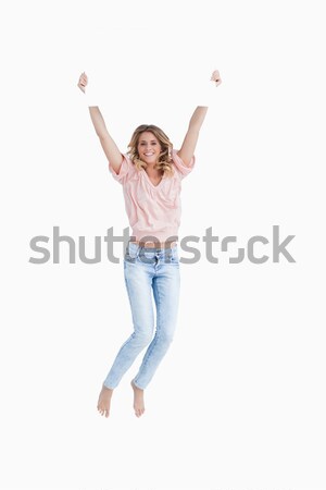 Сток-фото: улыбающаяся · женщина · прыжки · плакат · белый · совета