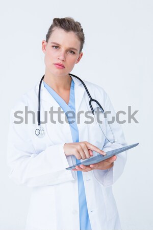 Foto stock: Preocupado · jovem · enfermeira · azul · túnica · branco