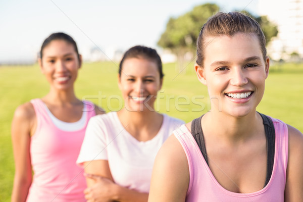 Three smiling women wearing pink for breast cancer Stock photo © wavebreak_media