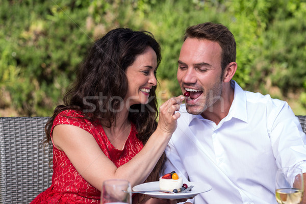 Stock photo: Happy wife feeding husband in lawn