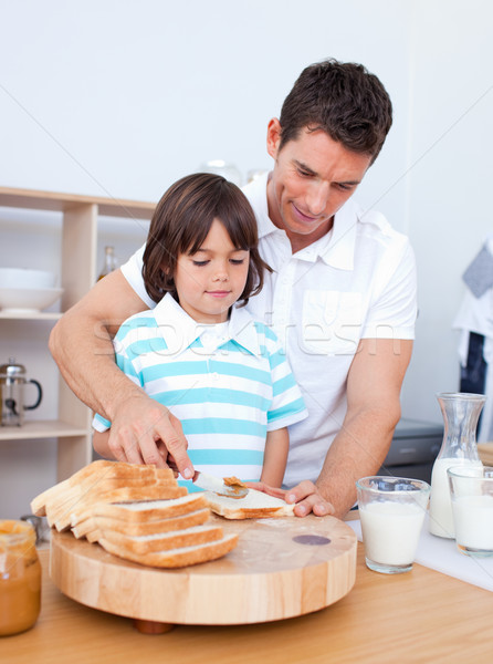 Foto d'archivio: Figlio · di · padre · jam · pane · cucina · famiglia