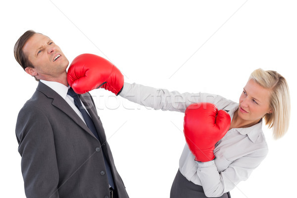 Foto stock: Empresária · colega · luvas · de · boxe · branco · terno · equipe