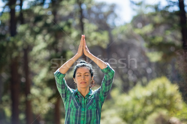 Stockfoto: Aantrekkelijke · vrouw · yoga · hout · vrouw · boom · natuur