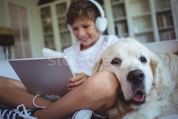 Boy sitting on sofa with pet dog and listening to music on digital tablet Stock photo © wavebreak_media