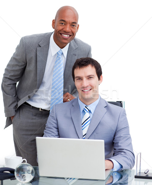 Sorridente gerente colega computador branco teclado Foto stock © wavebreak_media