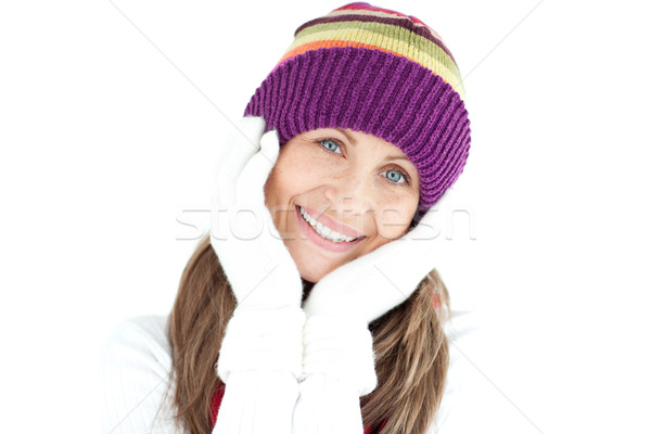 Vrolijk vrouw glimlachen witte mode ruimte drinken Stockfoto © wavebreak_media